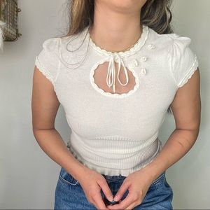 Nanette Lepore white Keyhole Knit Ribbed Blouse with floral embroidery